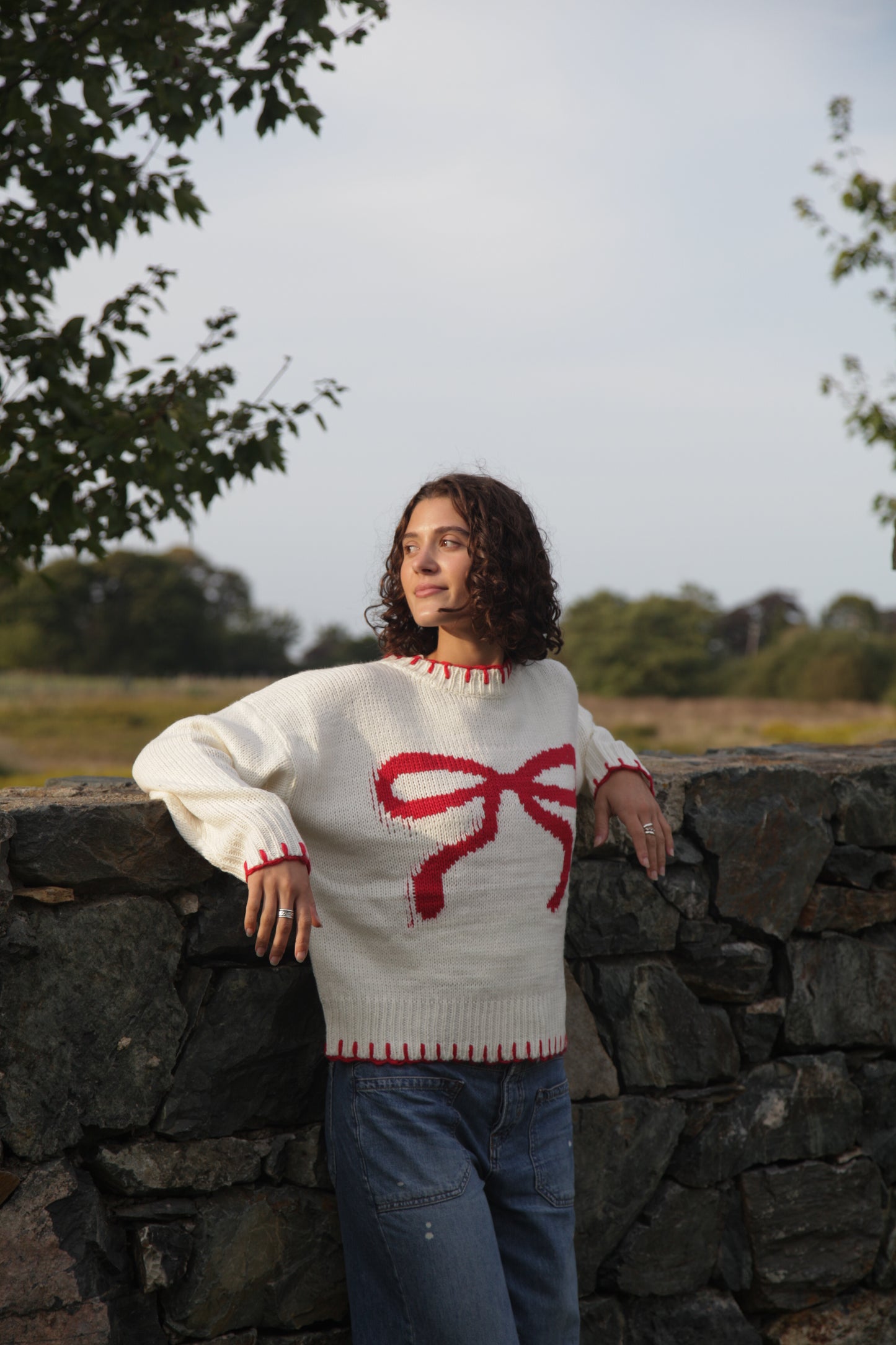 Knitted Red Ribbon Bow Sweater