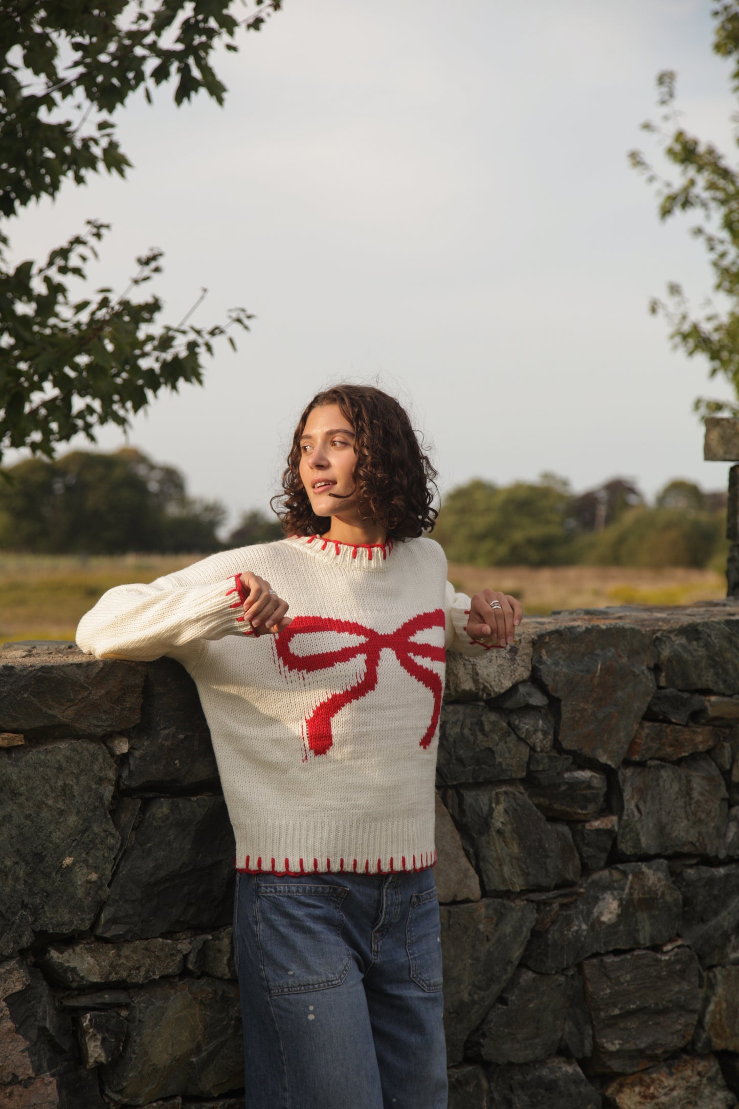 Knitted Red Ribbon Bow Sweater