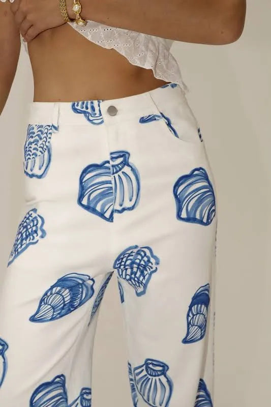 Blue Seashell Print Pants